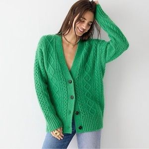 Like-New J.Crew Kelly Green Cable Knit Stretch Wool Cardigan Size L